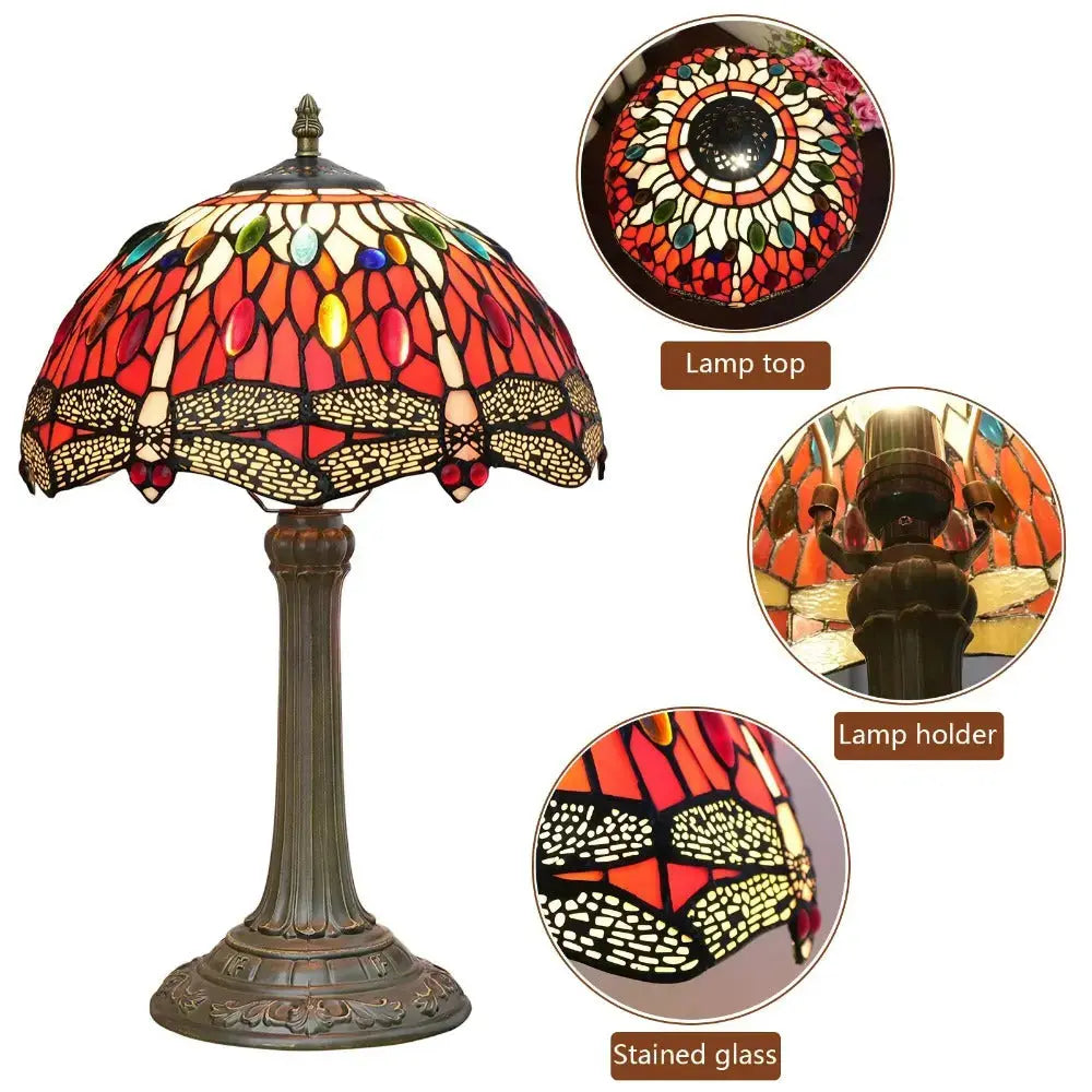 12inch Red Dragonfly Tiffany Lamp Stained Glass Lampshade Vintage Desk Light Classical Tiffany Lamp