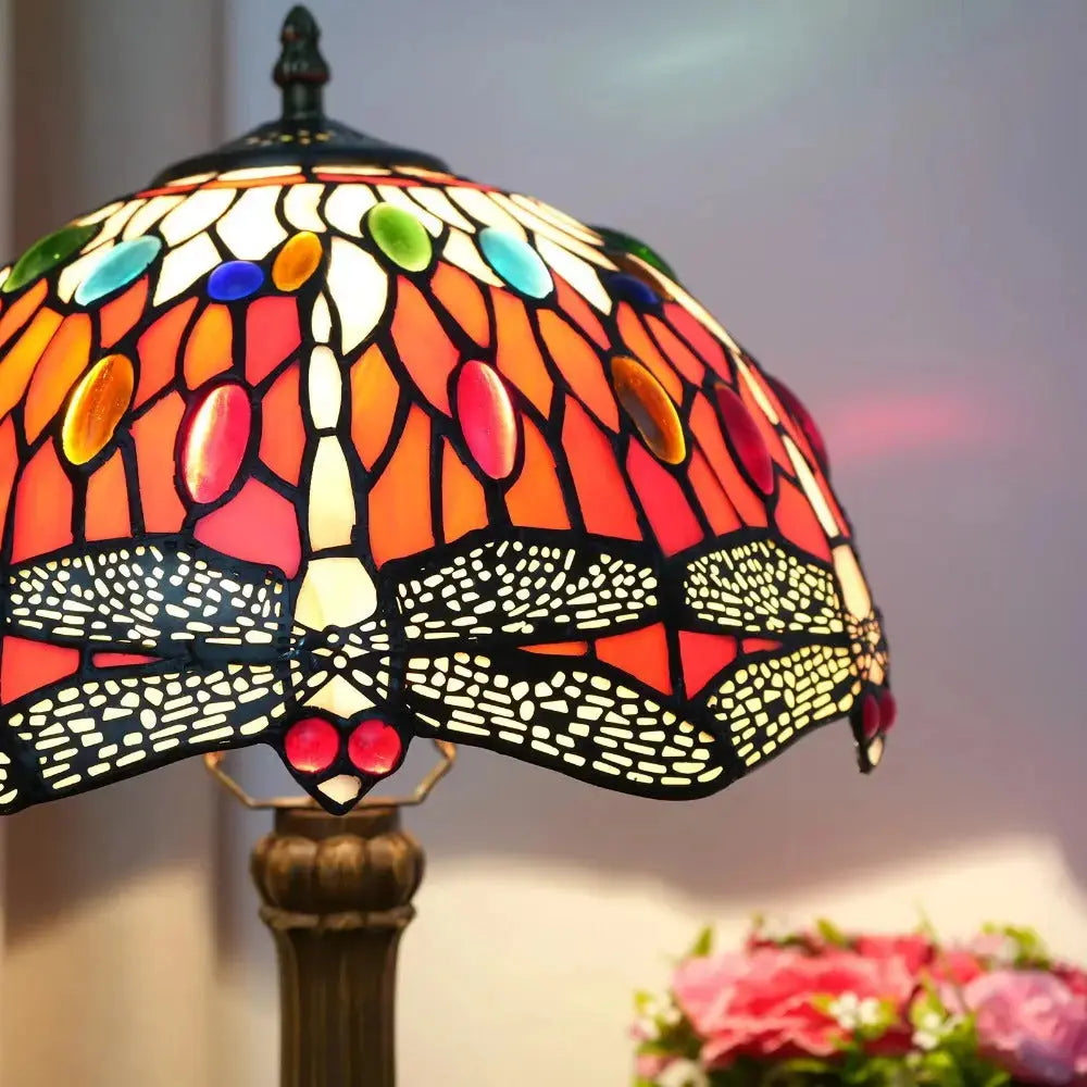 12inch Red Dragonfly Tiffany Lamp Stained Glass Lampshade Vintage Desk Light Classical Tiffany Lamp