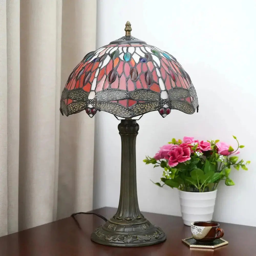 12inch Red Dragonfly Tiffany Lamp Stained Glass Lampshade Vintage Desk Light Classical Tiffany Lamp