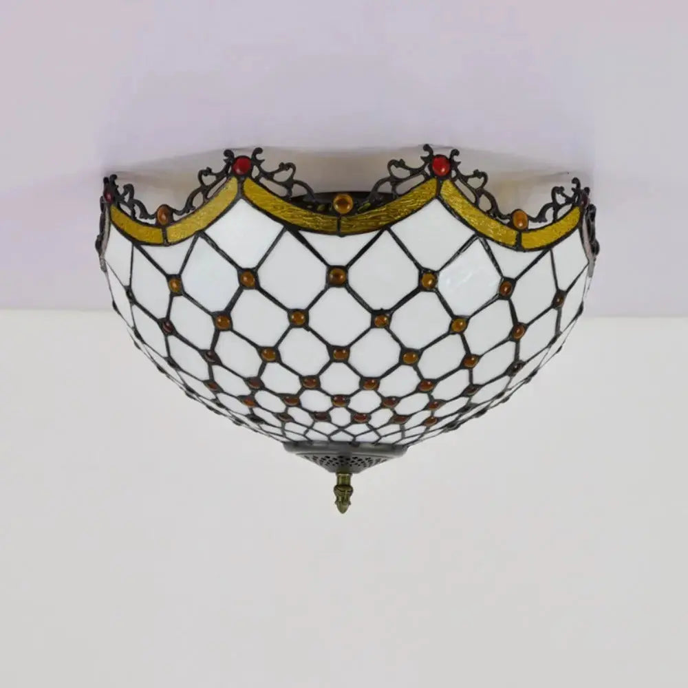 16inch Stained Glass Beige Beads Lampshade Tiffany Style Ceiling Light Classical Tiffany Lamp