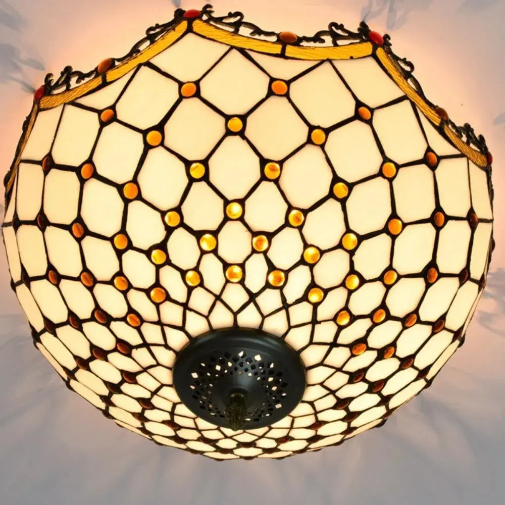 16inch Stained Glass Beige Beads Lampshade Tiffany Style Ceiling Light Classical Tiffany Lamp