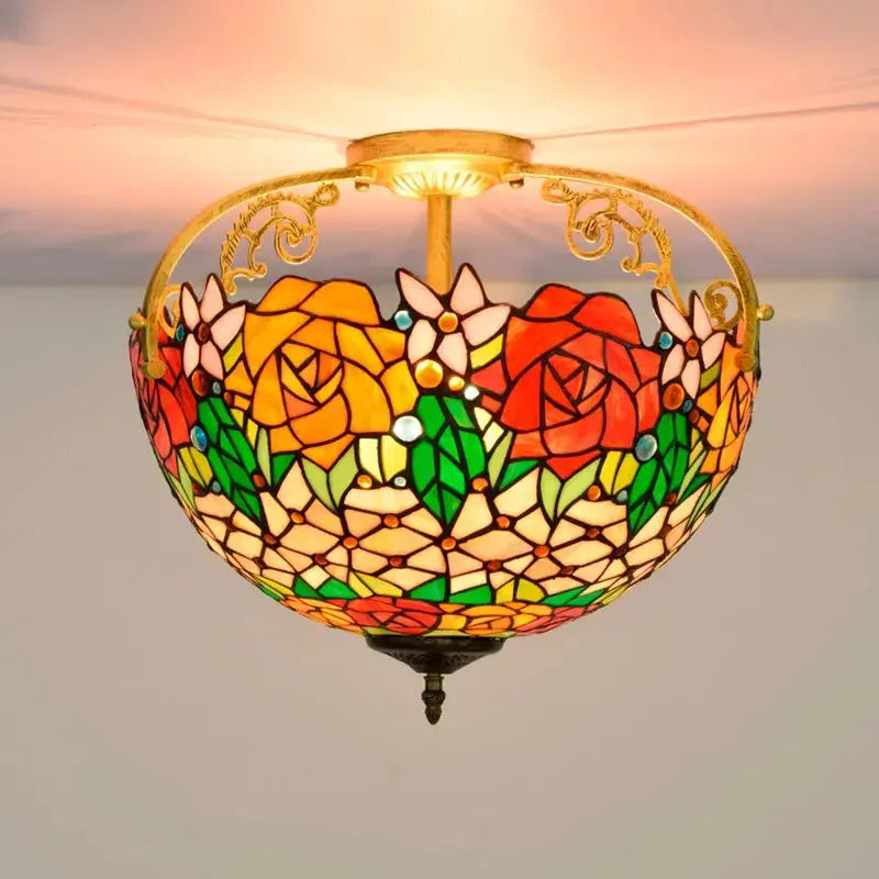 16inch Stained Glass Retro Rose Lampshade Tiffany Ceiling Light Classical Tiffany Lamp