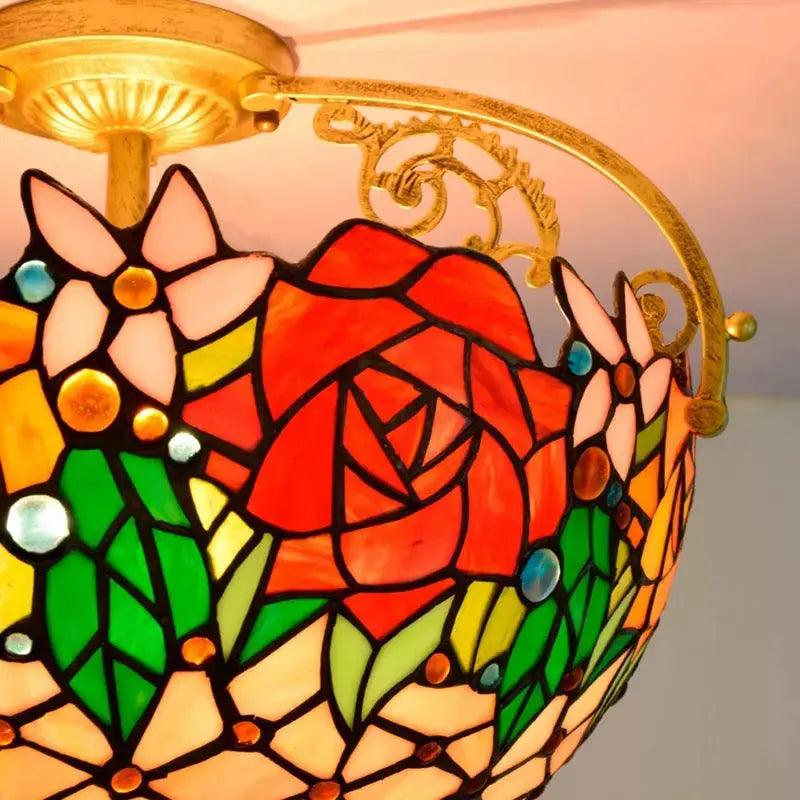 16inch Stained Glass Retro Rose Lampshade Tiffany Ceiling Light Classical Tiffany Lamp