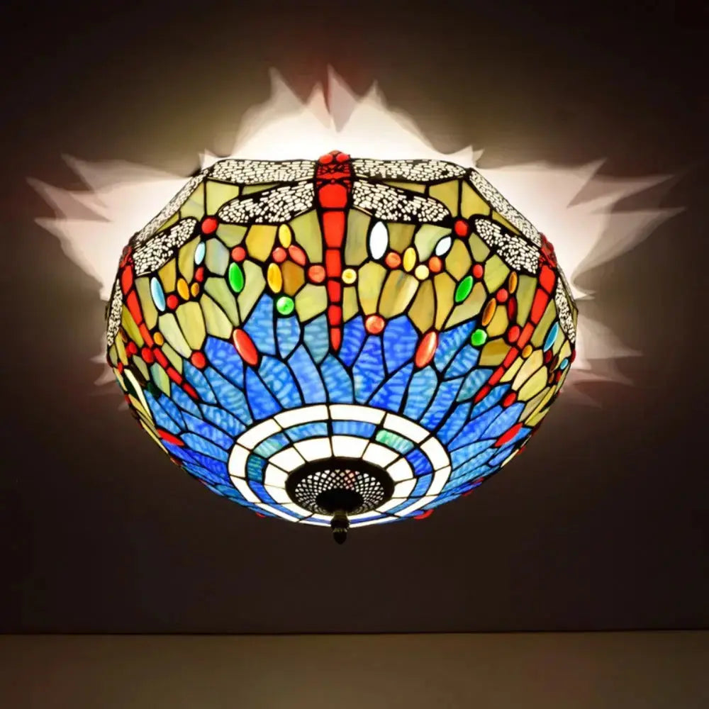 16inch Stained Glass Blue Dragonfly Lampshade Tiffany Style Ceiling Light Classical Tiffany Lamp