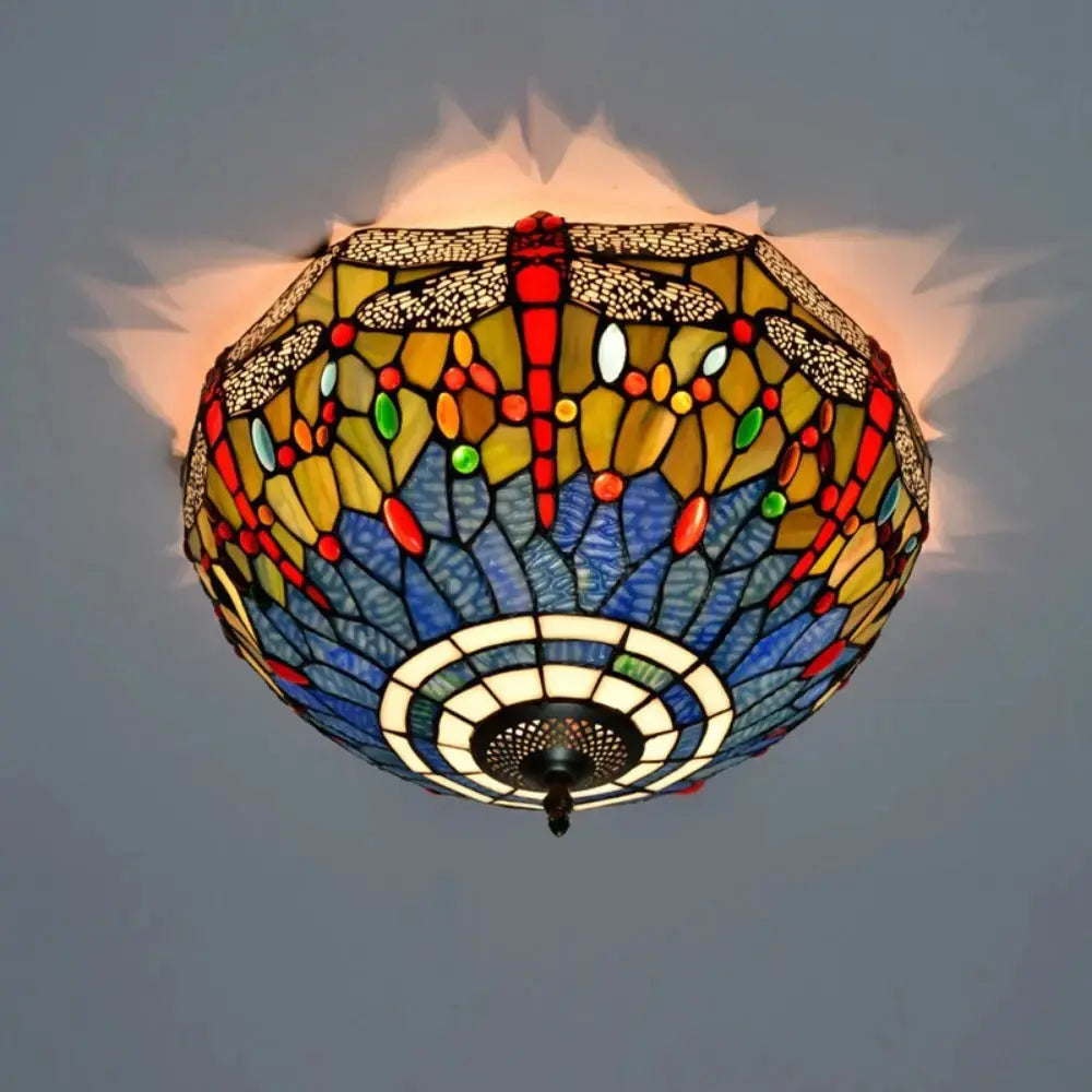 16inch Stained Glass Blue Dragonfly Lampshade Tiffany Style Ceiling Light Classical Tiffany Lamp