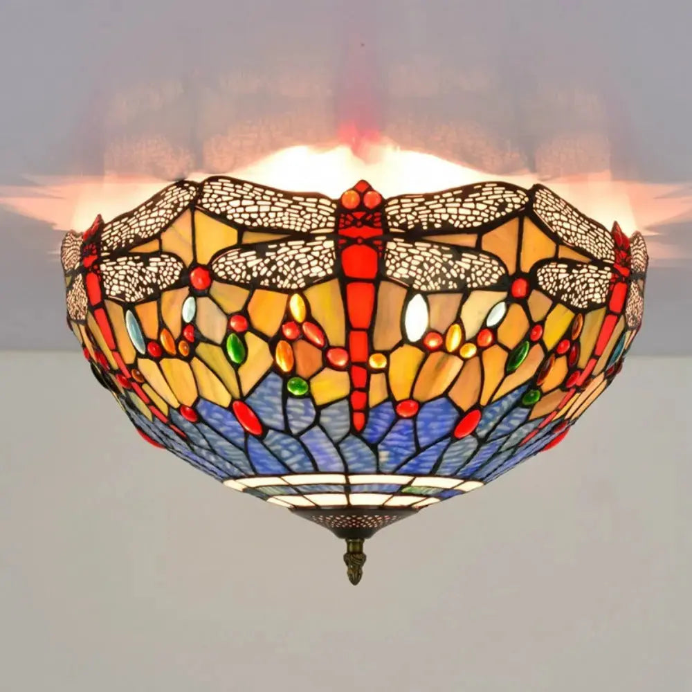 16inch Stained Glass Blue Dragonfly Lampshade Tiffany Style Ceiling Light Classical Tiffany Lamp