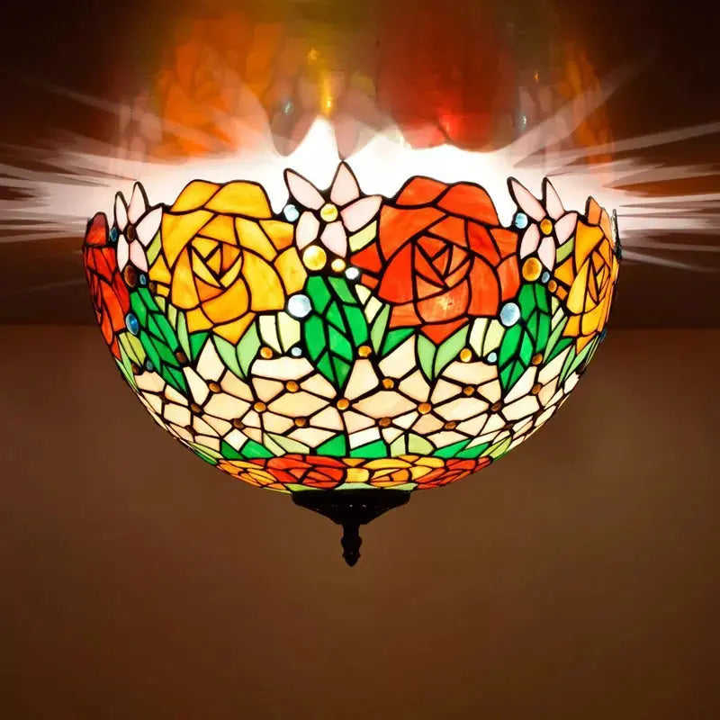 16inch Stained Glass Rose Flower Lampshade Tiffany Style Ceiling Light Classical Tiffany Lamp