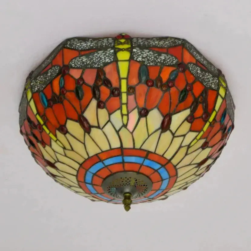 16inch Stained Glass Round Red Dragonfly Tiffany Ceiling Lamps Classical Tiffany Lamp