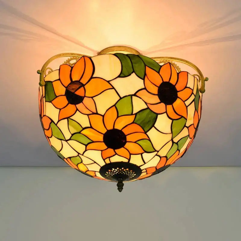 16inch Vintage Stained Glass Sunflower Tiffany Ceiling Light Classical Tiffany Lamp