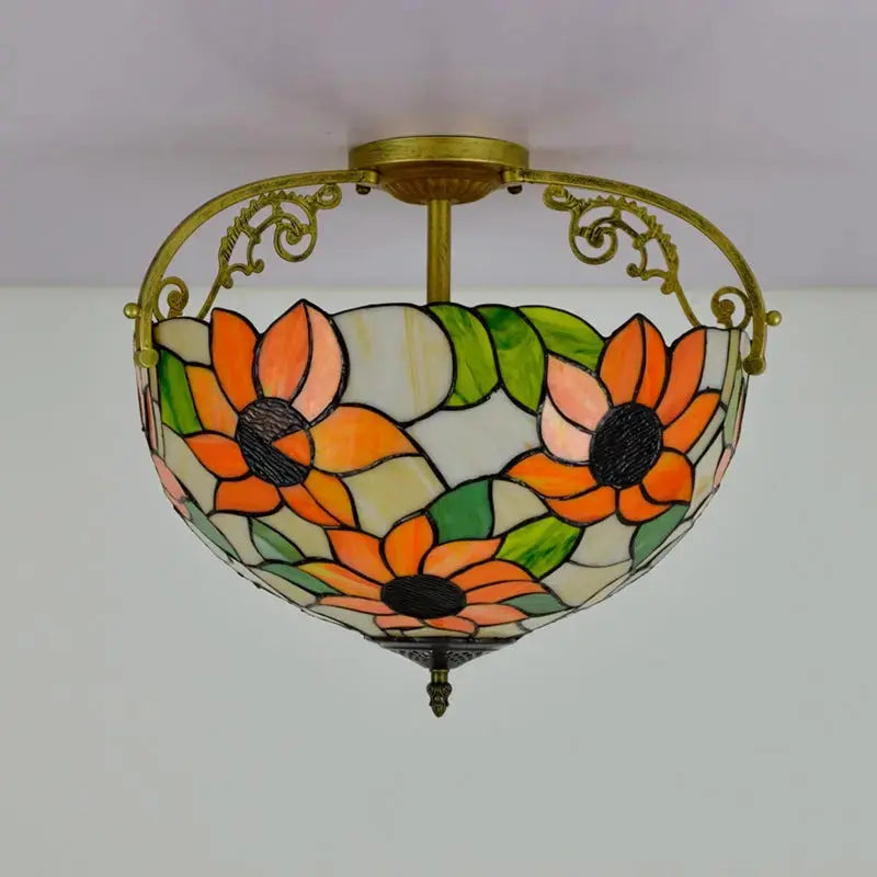 16inch Vintage Stained Glass Sunflower Tiffany Ceiling Light Classical Tiffany Lamp