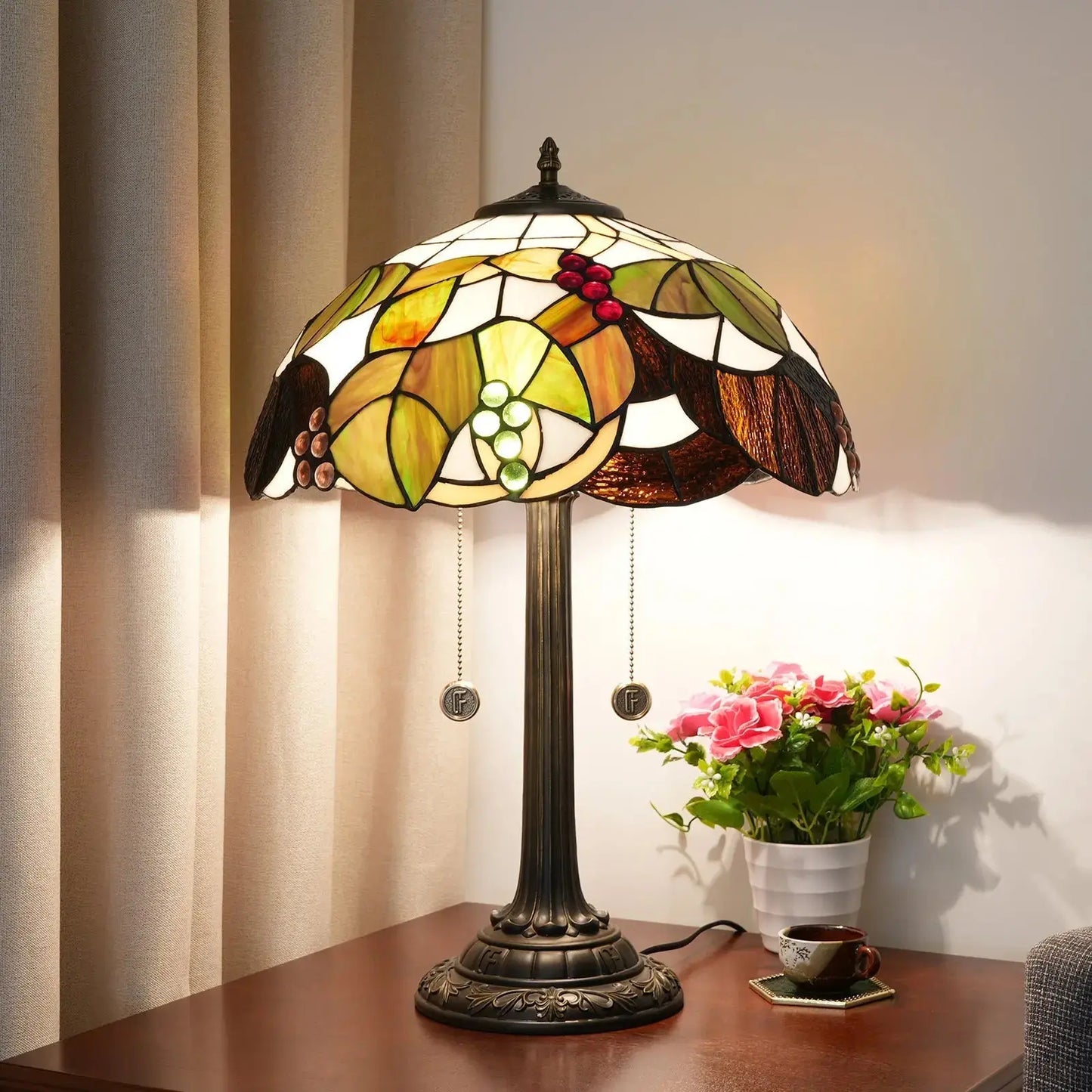16inch Stained Glass Brown Grapes Lampshade Bedside Light Antique Tiffany Table Lamps Classical Tiffany Lamp
