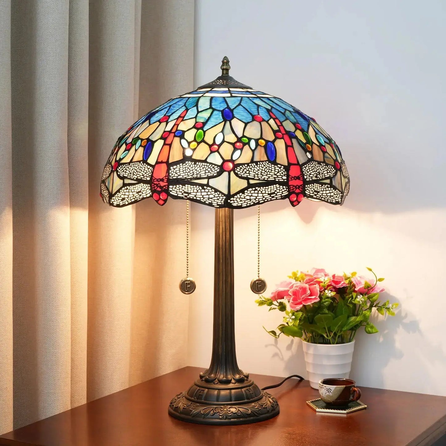 16inch Stained Glass Lampshade Blue Dragonfly Tiffany Lamp Vintage Desk Light Classical Tiffany Lamp
