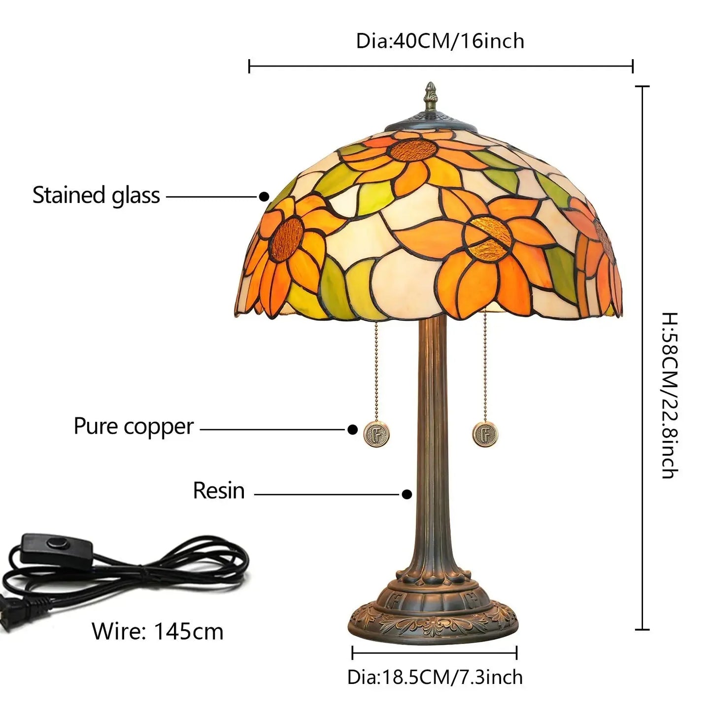 16inch Stained Glass Lampshade Sunflower Tiffany Lamp Vintage Bedside Light Classical Tiffany Lamp