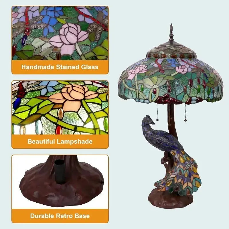 18inch 46cm Peacock Tiffany Lamp Stained Glass Lampshade Vintage Table Lamps Classical Tiffany Lamp