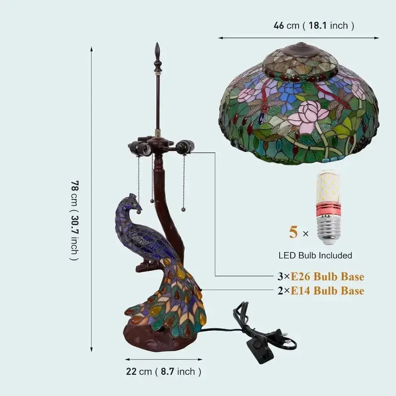 18inch 46cm Peacock Tiffany Lamp Stained Glass Lampshade Vintage Table Lamps Classical Tiffany Lamp