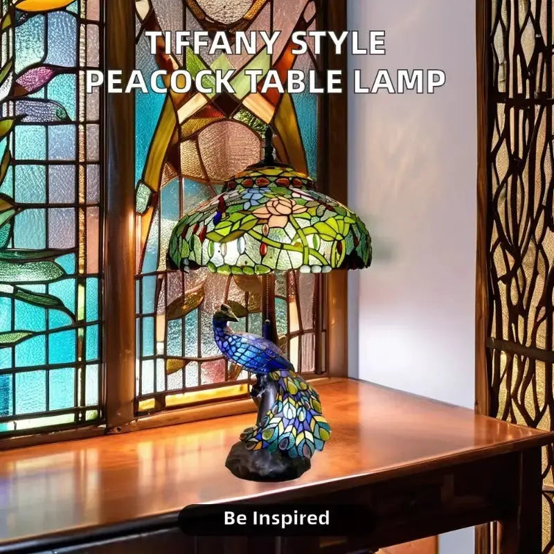 18inch 46cm Peacock Tiffany Lamp Stained Glass Lampshade Vintage Table Lamps Classical Tiffany Lamp