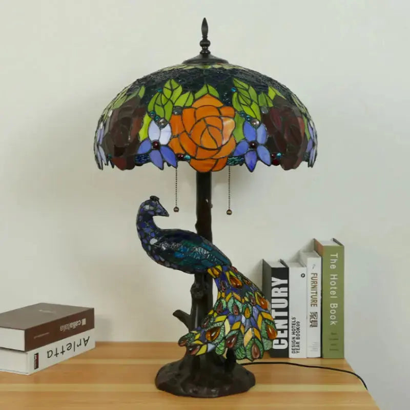 18inch Handmade Large Peacock Tiffany Style Lamp Rose Lampshade Desk Light Classical Tiffany Lamp