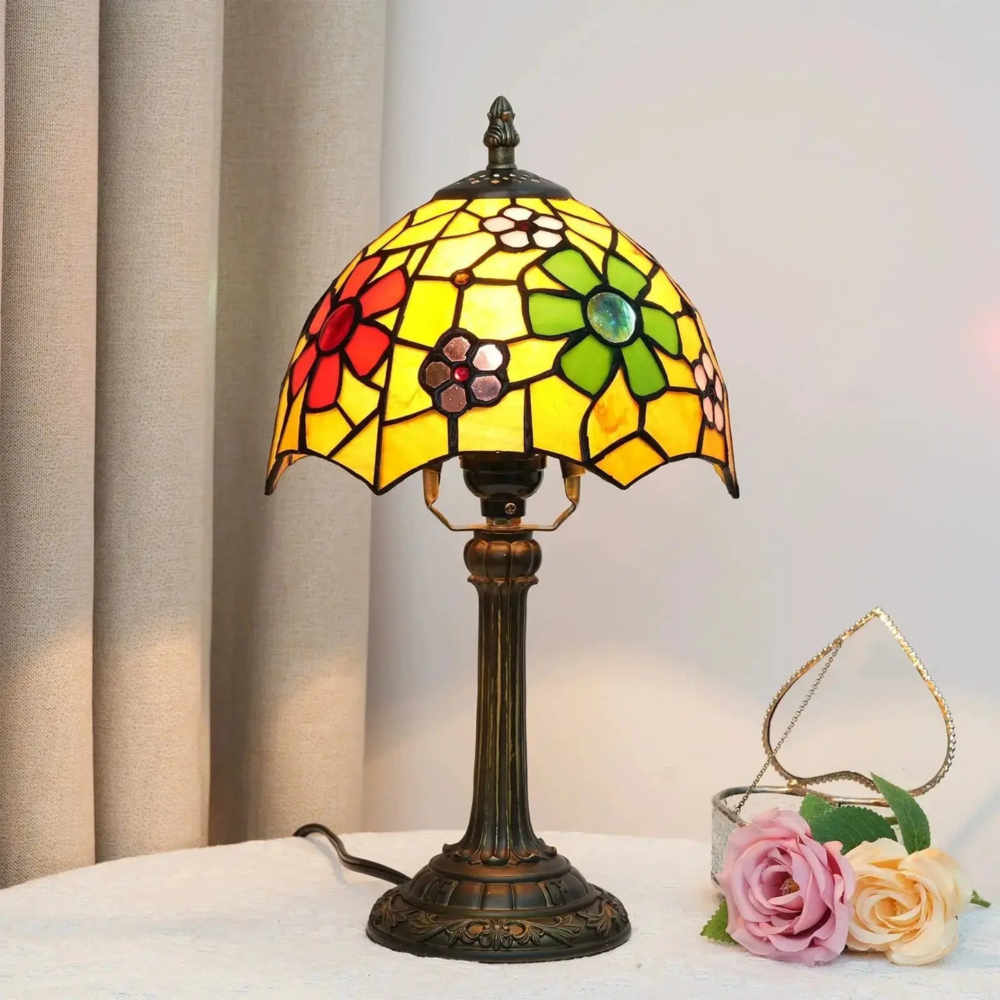 8inch Small Tiffany Table Lamps Stained Glass Cherry Blossom Beside Light Classical Tiffany Lamp