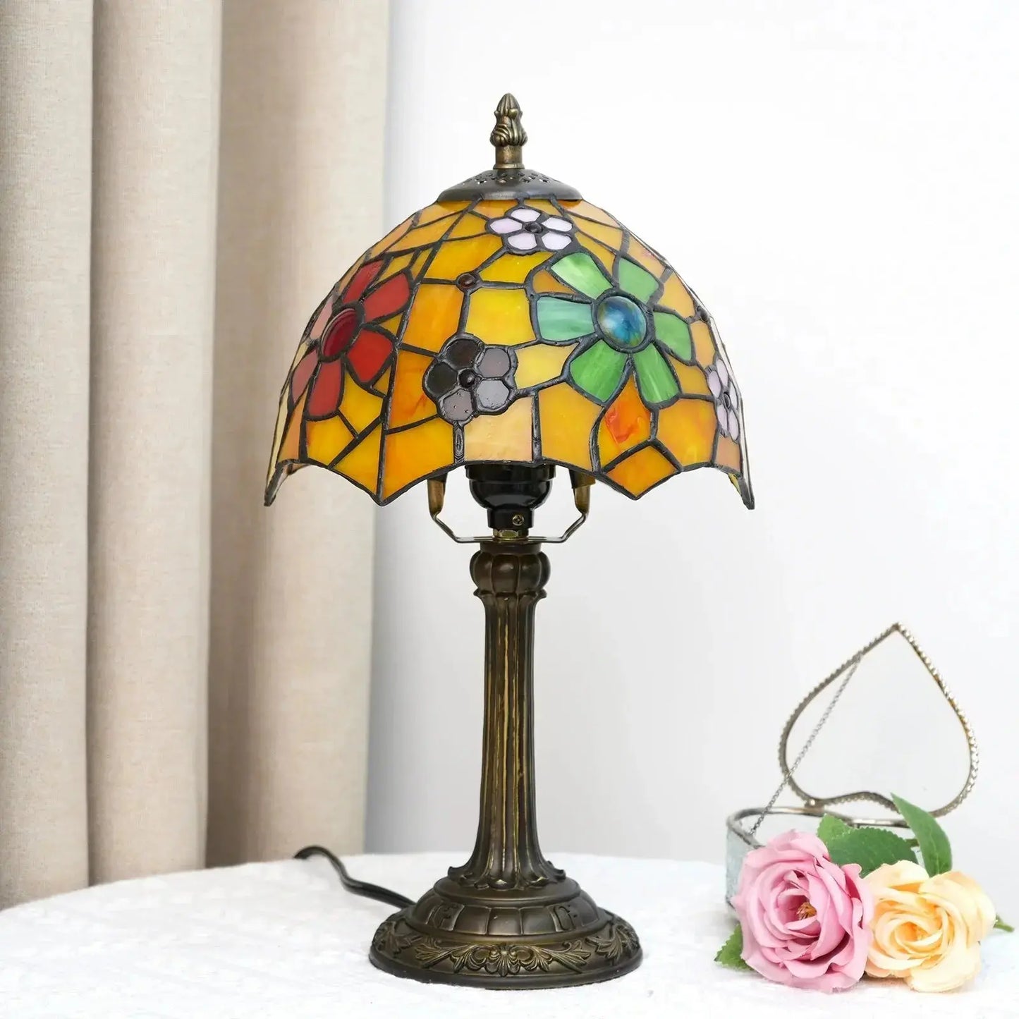 8inch Small Tiffany Table Lamps Stained Glass Cherry Blossom Beside Light Classical Tiffany Lamp