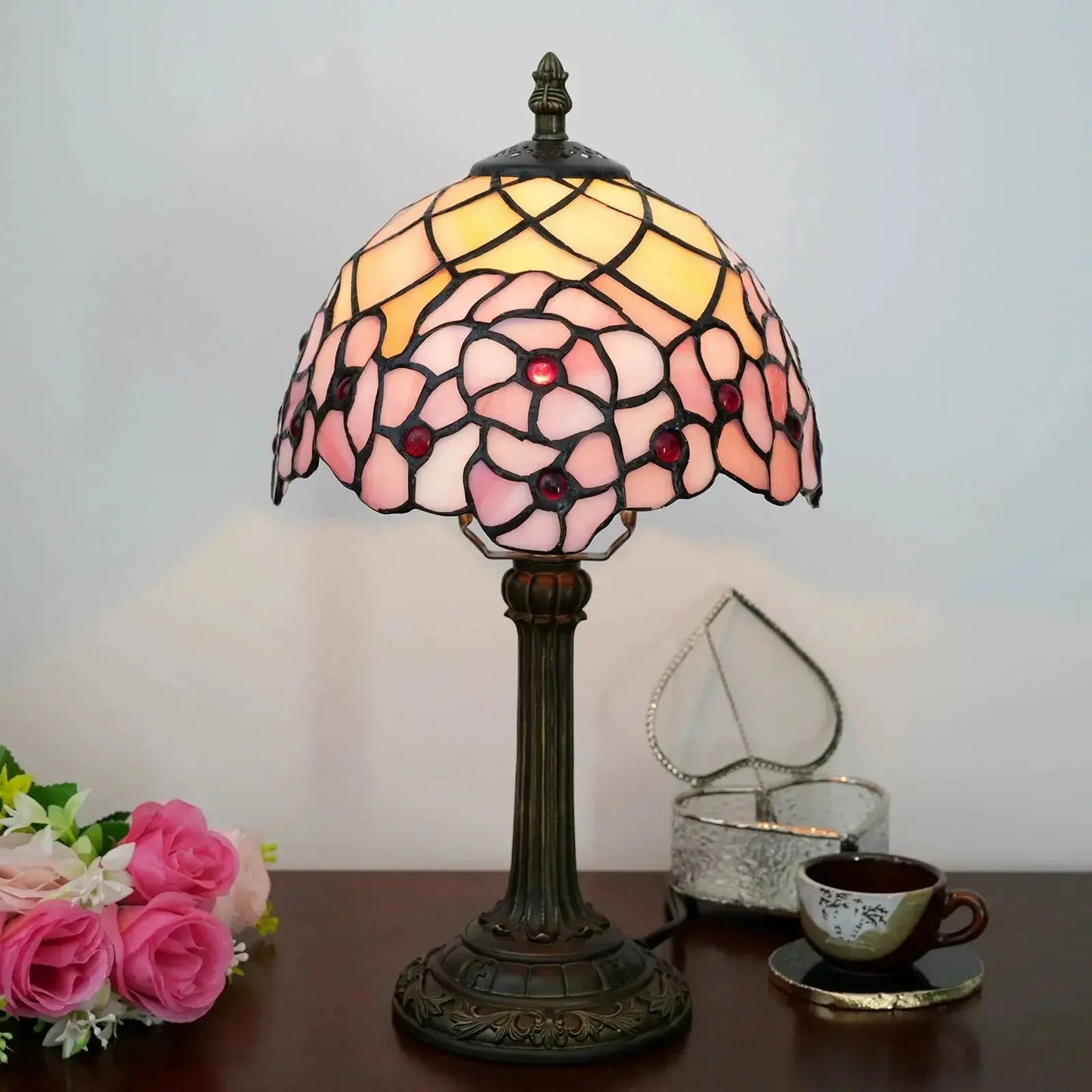 8inch Small Tiffany Table Lamps Stained Glass Pink Cherry Blossom Desk Light Classical Tiffany Lamp
