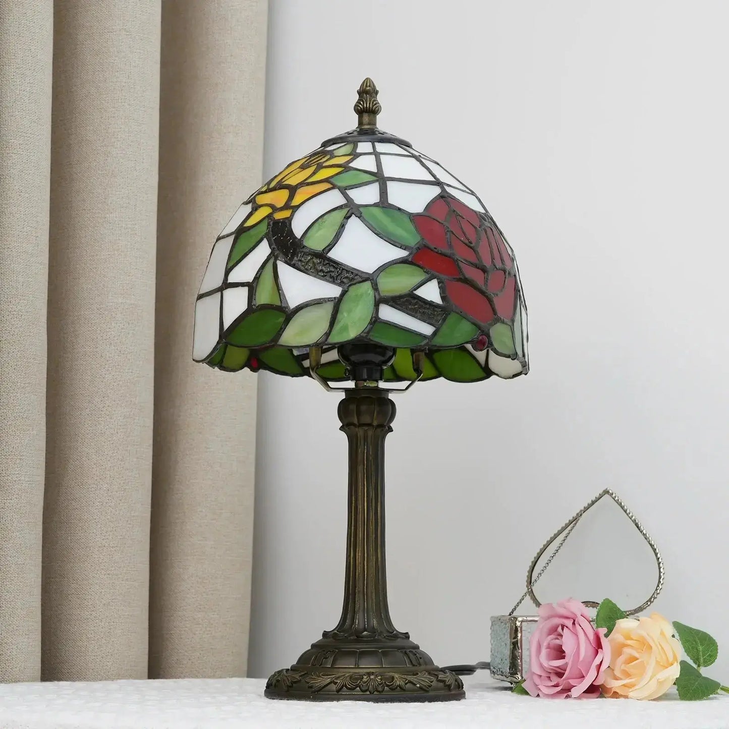 8inch Stained Glass Rose Flower Bedside Light Small Tiffany Table Lamps Classical Tiffany Lamp