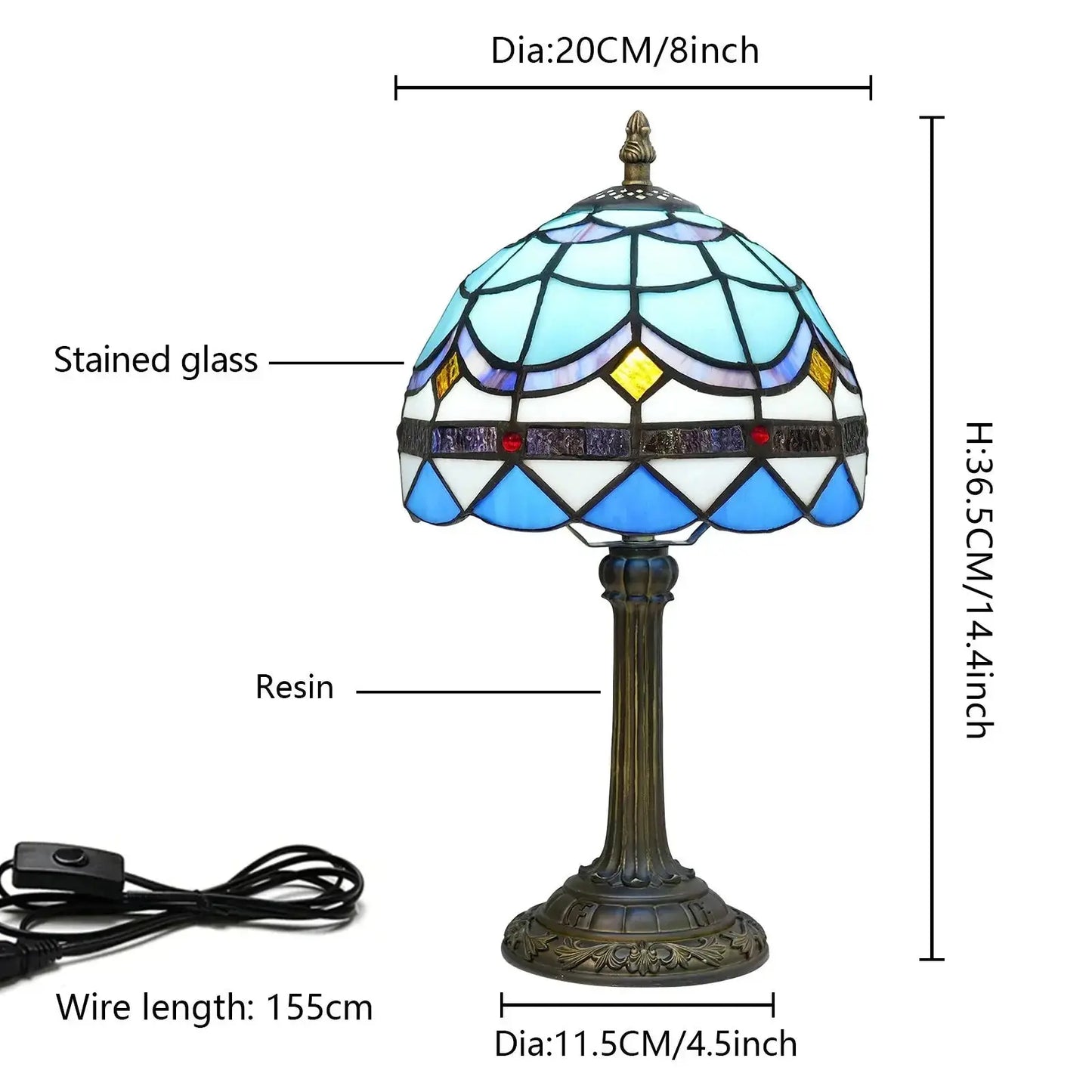 8inch Small Tiffany Style Lamp Stained Glass Blue Lampshade Vintage Desk Light Classical Tiffany Lamp