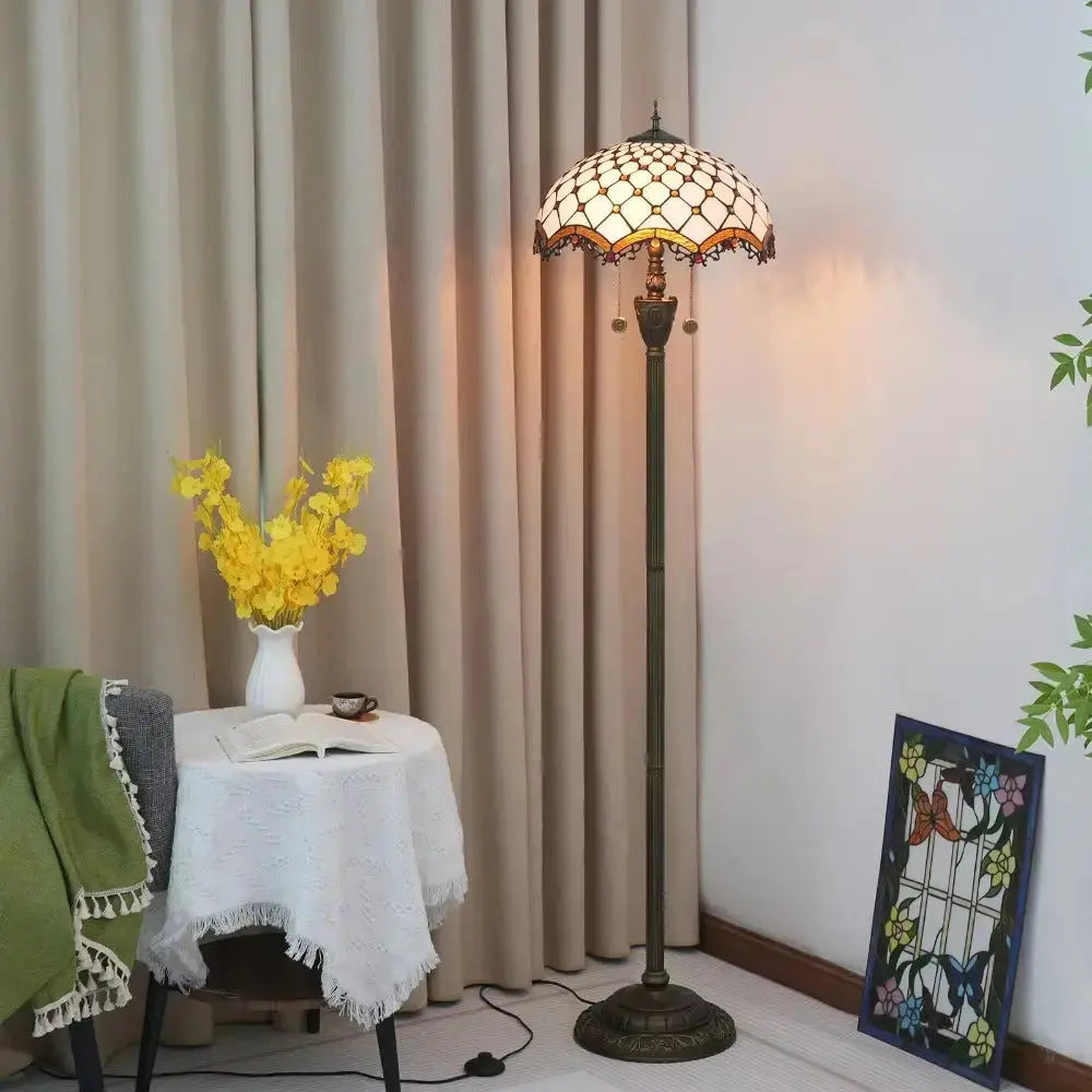 Dia40cm Art White Bead Lampshade Tiffany Stained Glass Floor Lamp Classical Tiffany Lamp