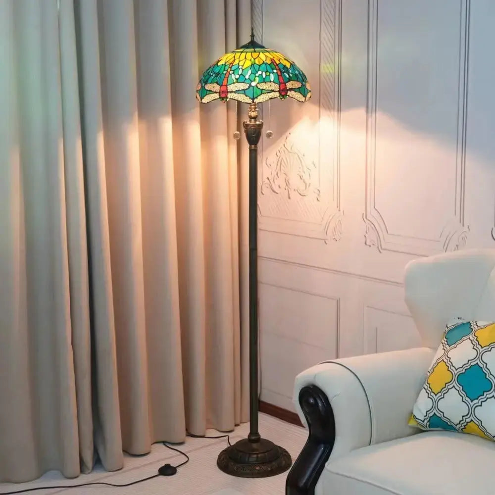Dia40cm Tiffany Green Dragonfly Lampshade Antique Stained Glass Floor Lamps Classical Tiffany Lamp