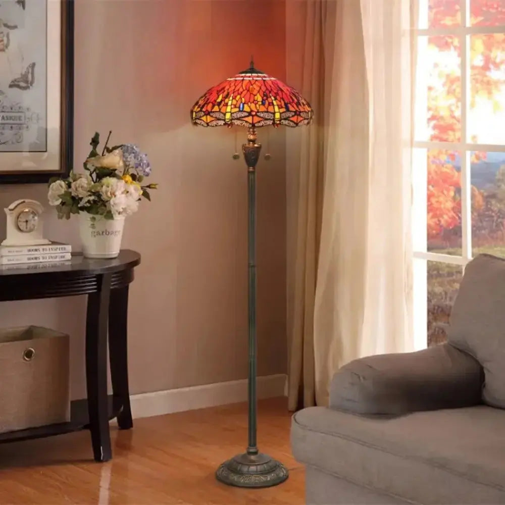 Dia45cm Stained Glass Red Dragonfly Lampshade Vintage Tiffany Floor Lamps for Sale Classical Tiffany Lamp
