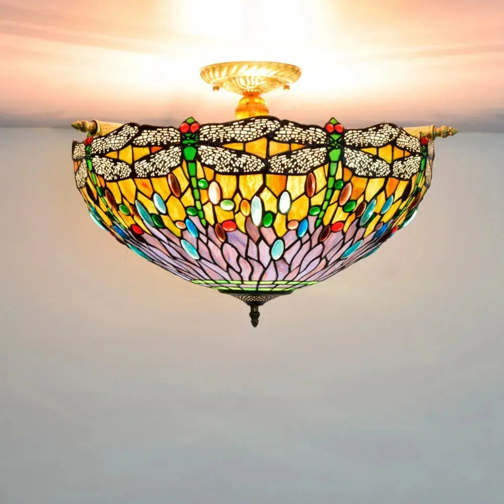 Dia55cm Stained Glass Dragonfly Lampshade Tiffany Style Flush Mount Ceiling Light Classical Tiffany Lamp
