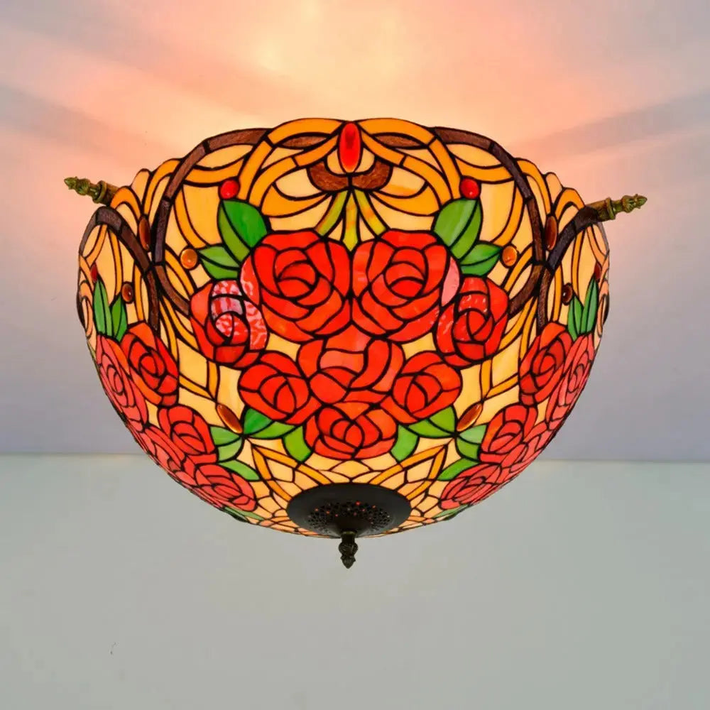 Dia55cm Vintage Stained Glass Rose Lampshade Tiffany Flush Mount Ceiling Light Classical Tiffany Lamp