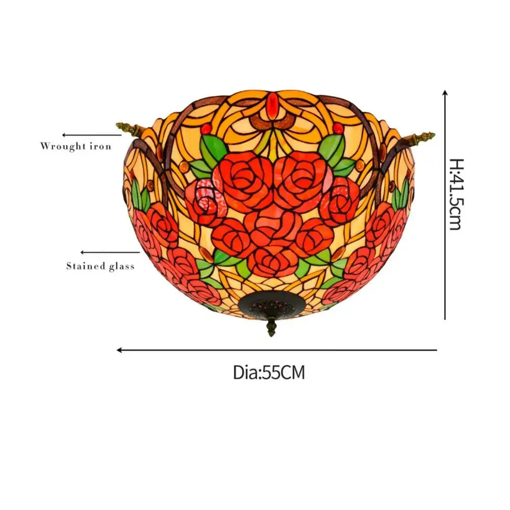 Dia55cm Vintage Stained Glass Rose Lampshade Tiffany Flush Mount Ceiling Light Classical Tiffany Lamp