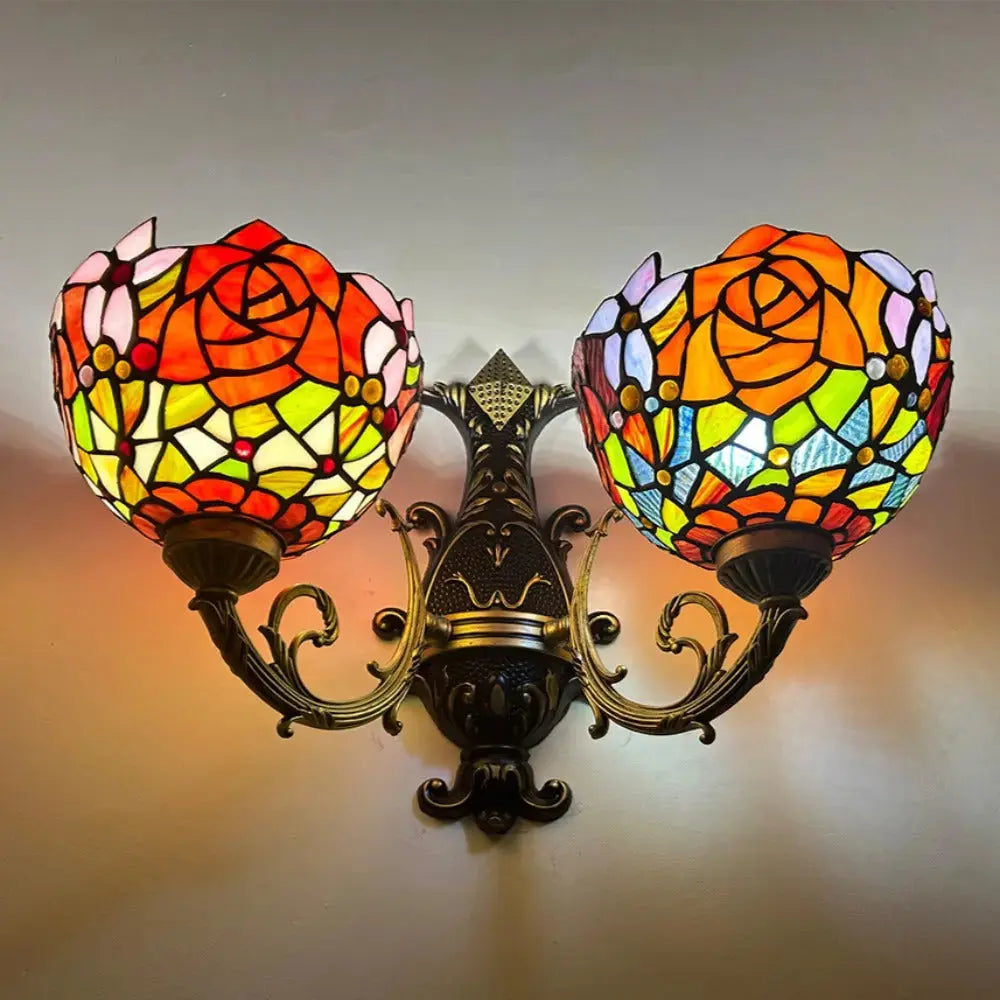 2 Light Sconce Vintage Stained Glass Rose Flower Lampshade Tiffany Wall Lamps Classical Tiffany Lamp