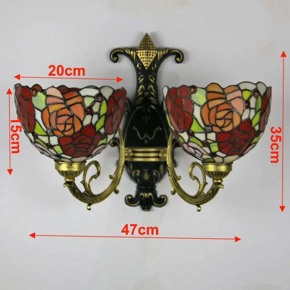 2 Light Sconce Vintage Stained Glass Rose Flower Lampshade Tiffany Wall Lamps Classical Tiffany Lamp