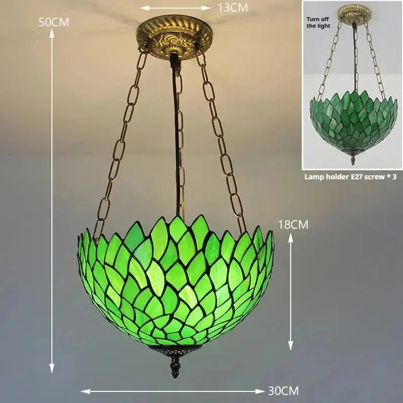 12inch Tiffany Style Hanging Light Stained Glass Green Leaves Anti-chandelier Classical Tiffany Lamp