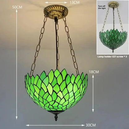 12inch Tiffany Style Hanging Light Stained Glass Green Leaves Anti-chandelier Classical Tiffany Lamp