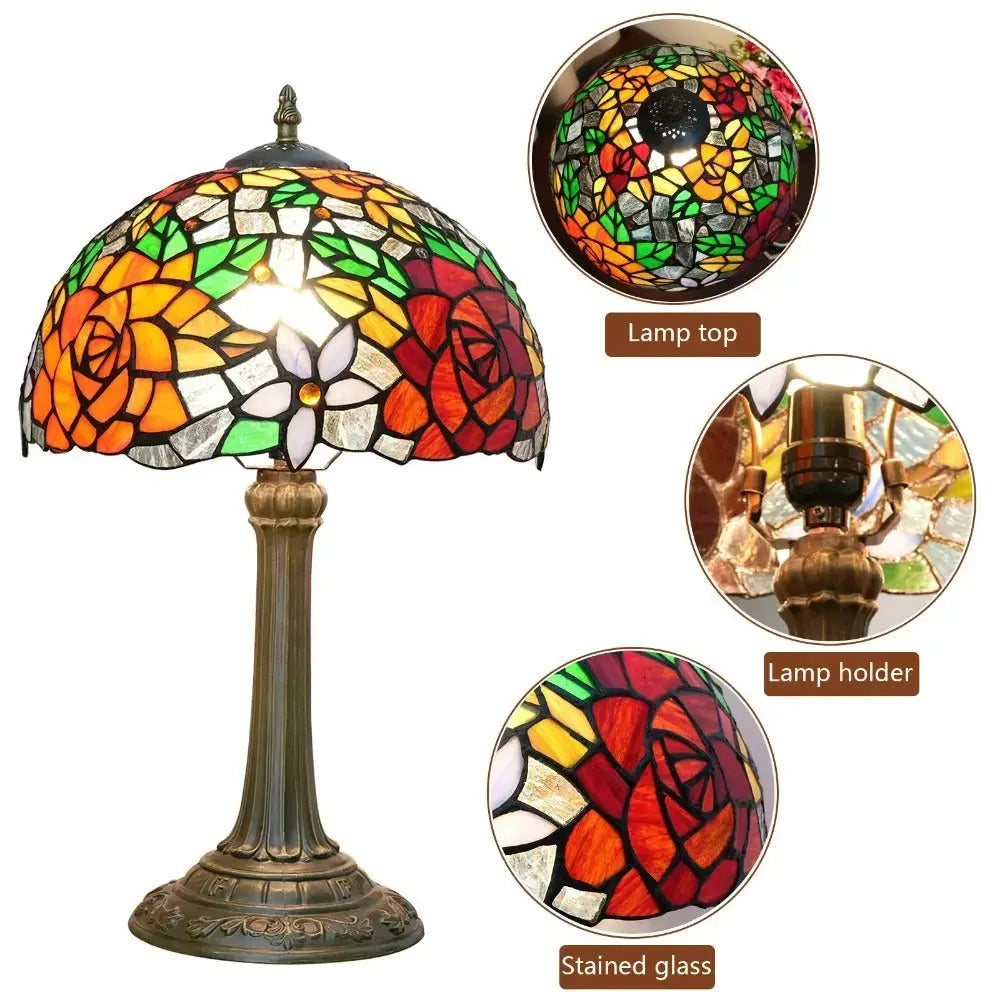 12inch Stained Glass Gorgeous Rose Lampshade Vintage Tiffany Table Lamp Classical Tiffany Lamp