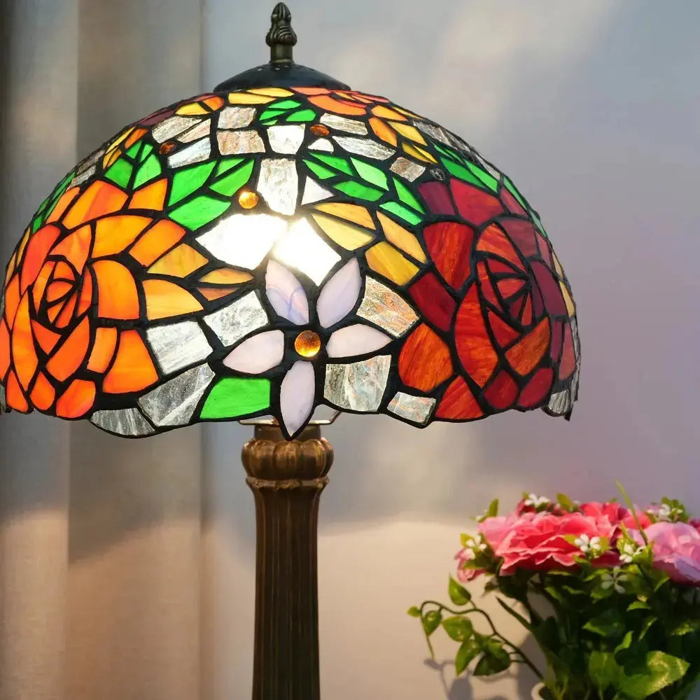 12inch Stained Glass Gorgeous Rose Lampshade Vintage Tiffany Table Lamp Classical Tiffany Lamp