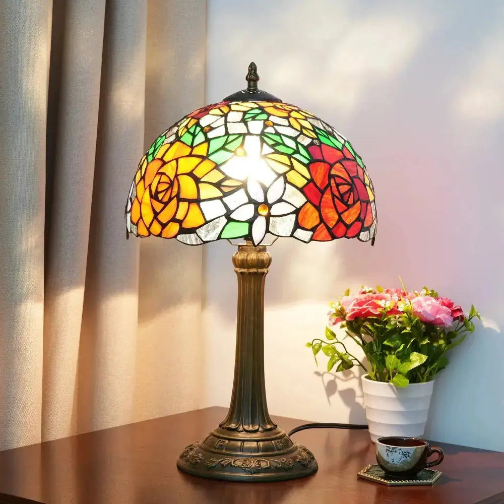 12inch Stained Glass Gorgeous Rose Lampshade Vintage Tiffany Table Lamp Classical Tiffany Lamp