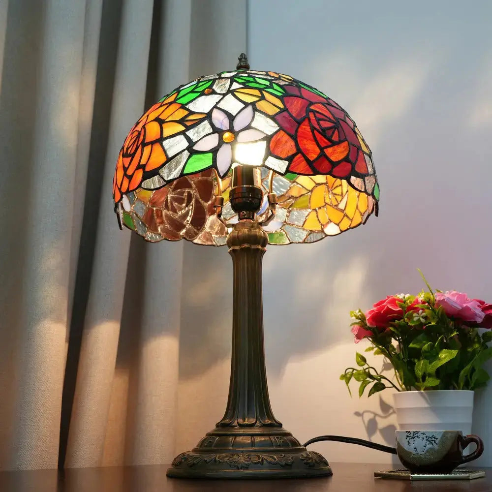 12inch Stained Glass Gorgeous Rose Lampshade Vintage Tiffany Table Lamp Classical Tiffany Lamp