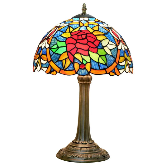 12inch Stained Glass Red Roses Lampshade Bedside Light Vintage Tiffany Style Desk Lamp Classical Tiffany Lamp