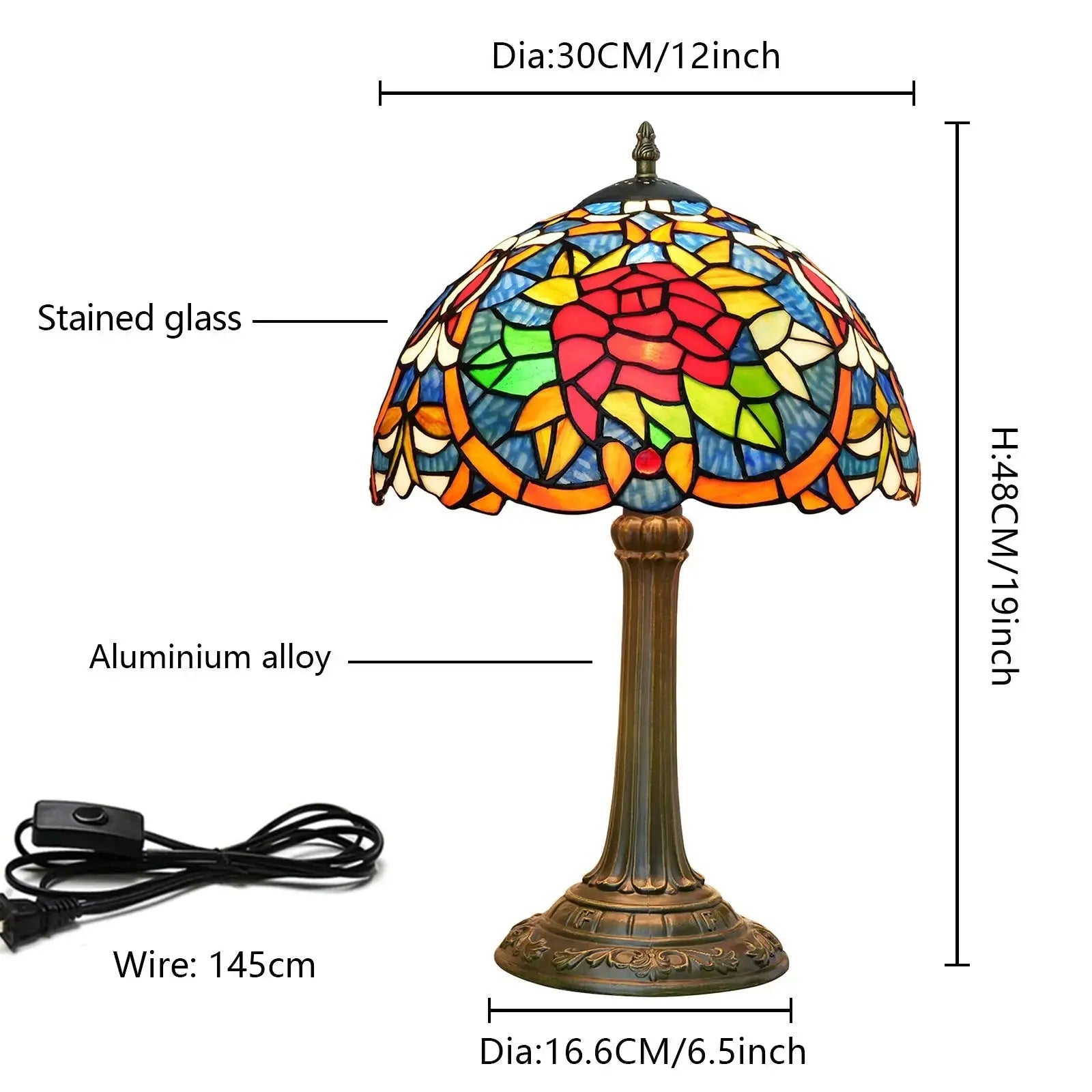 12inch Stained Glass Red Roses Lampshade Bedside Light Vintage Tiffany Style Desk Lamp Classical Tiffany Lamp