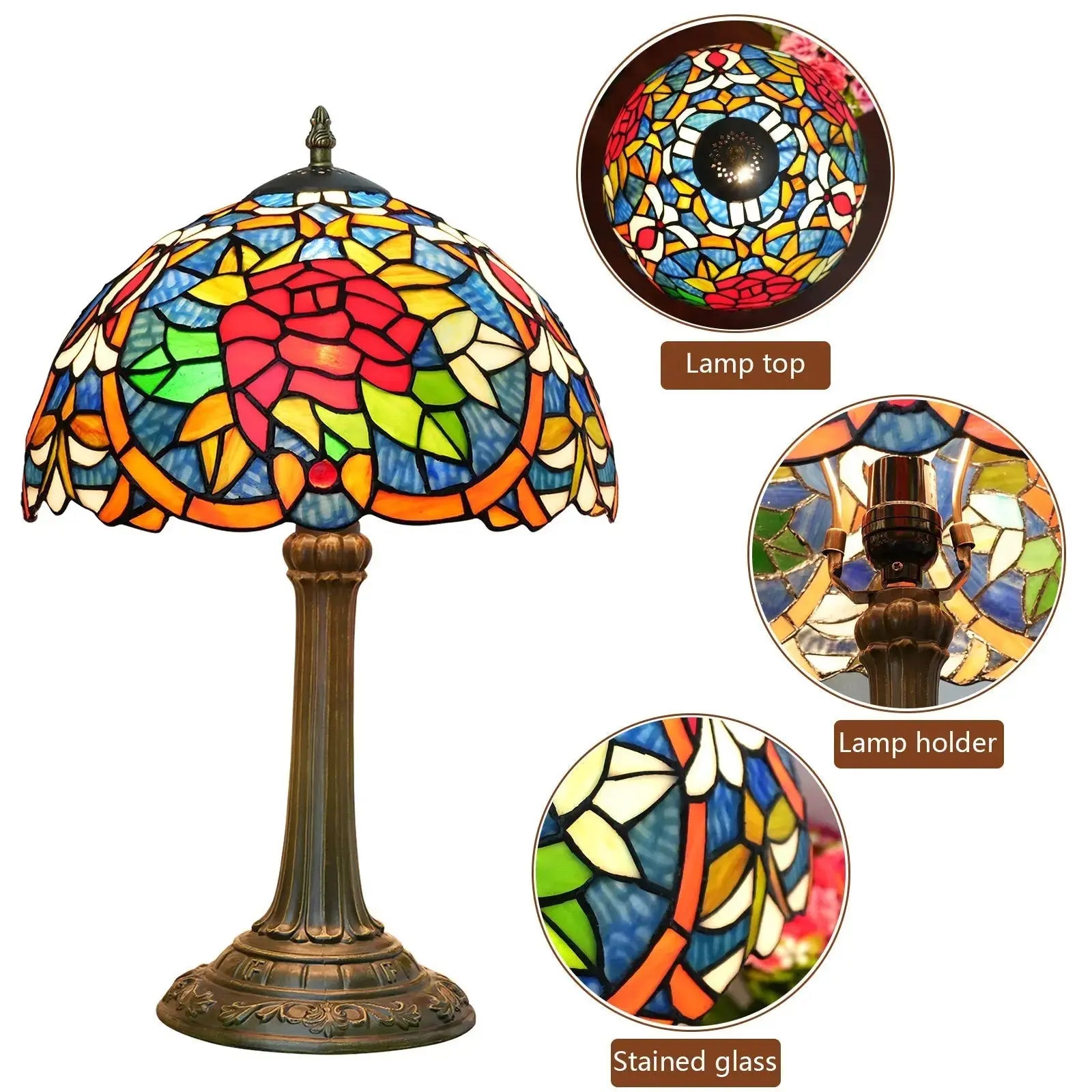 12inch Stained Glass Red Roses Lampshade Bedside Light Vintage Tiffany Style Desk Lamp Classical Tiffany Lamp