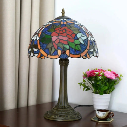 12inch Stained Glass Red Roses Lampshade Bedside Light Vintage Tiffany Style Desk Lamp Classical Tiffany Lamp