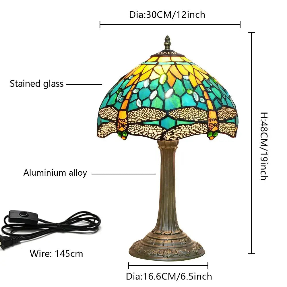 12inch Tiffany Lamp Dragonfly Antique Stained Glass Green Lampshade Desk Table Light Classical Tiffany Lamp