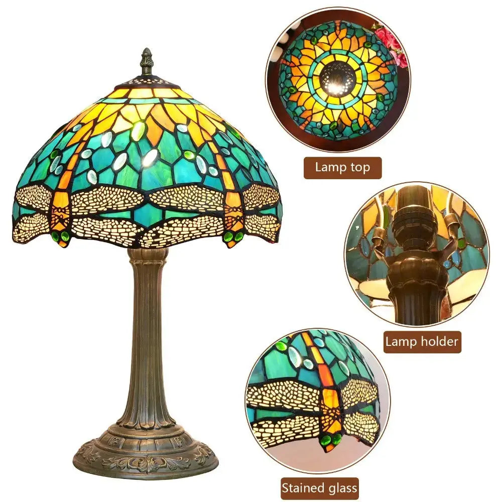 12inch Tiffany Lamp Dragonfly Antique Stained Glass Green Lampshade Desk Table Light Classical Tiffany Lamp