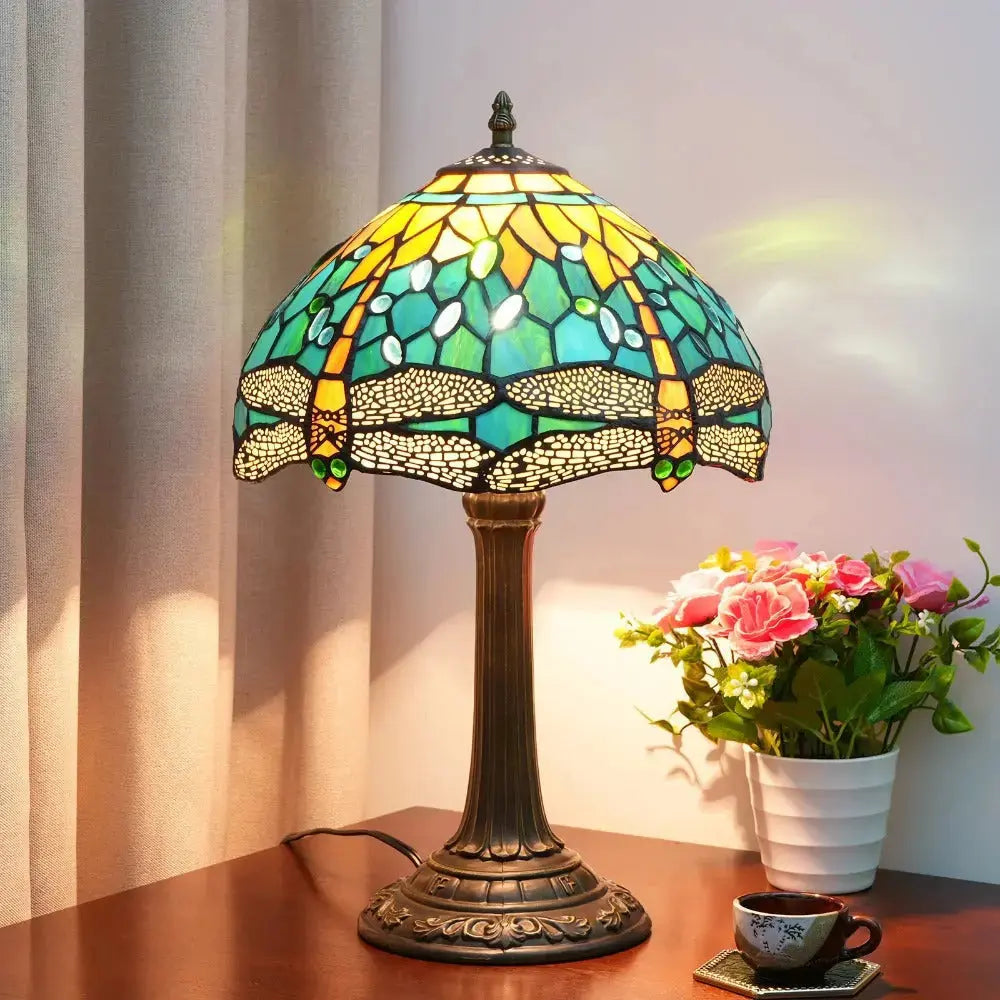 12inch Tiffany Lamp Dragonfly Antique Stained Glass Green Lampshade Desk Table Light Classical Tiffany Lamp