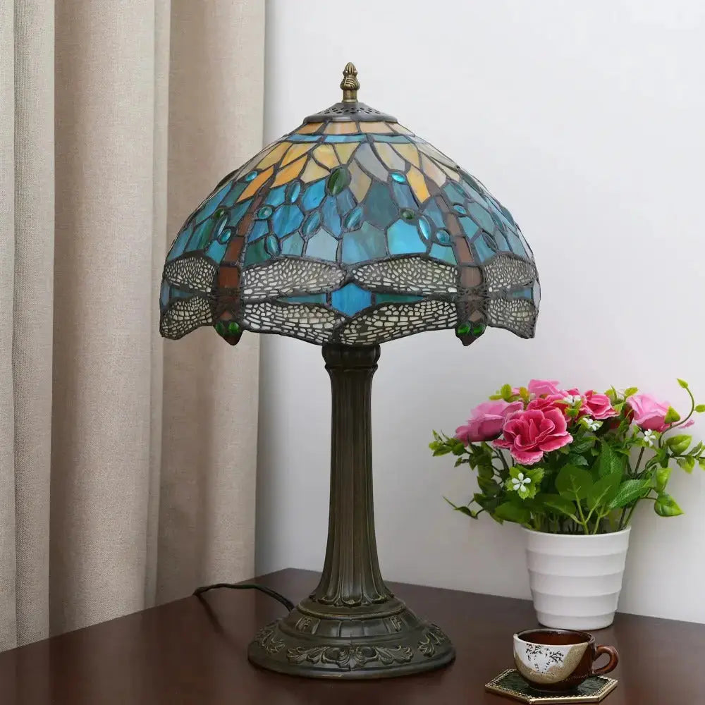 12inch Tiffany Lamp Dragonfly Antique Stained Glass Green Lampshade Desk Table Light Classical Tiffany Lamp