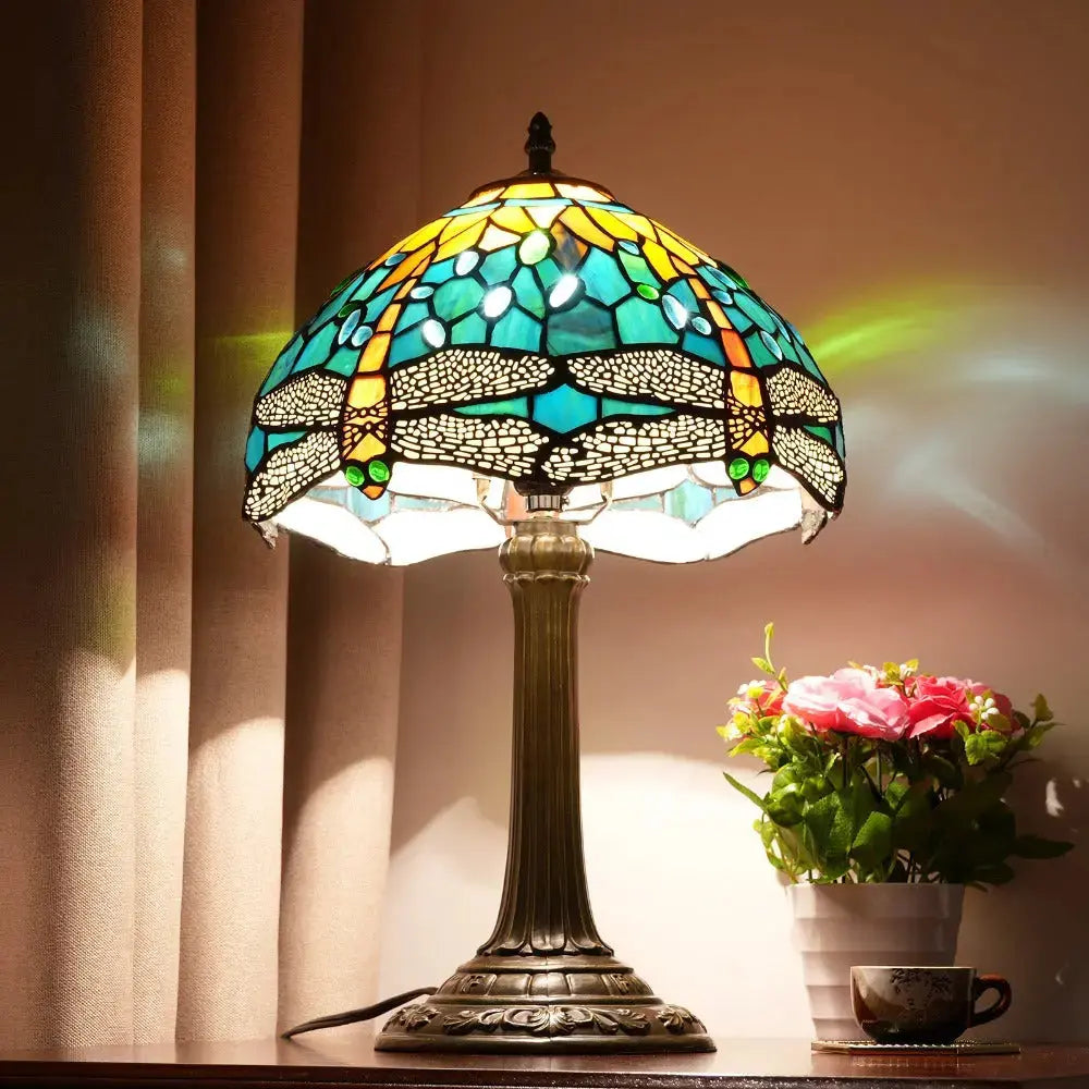 12inch Tiffany Lamp Dragonfly Antique Stained Glass Green Lampshade Desk Table Light Classical Tiffany Lamp