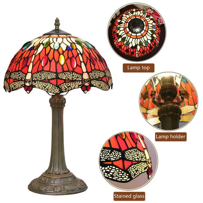 12inch Red Dragonfly Tiffany Lamp Stained Glass Lampshade Vintage Desk Light Classical Tiffany Lamp